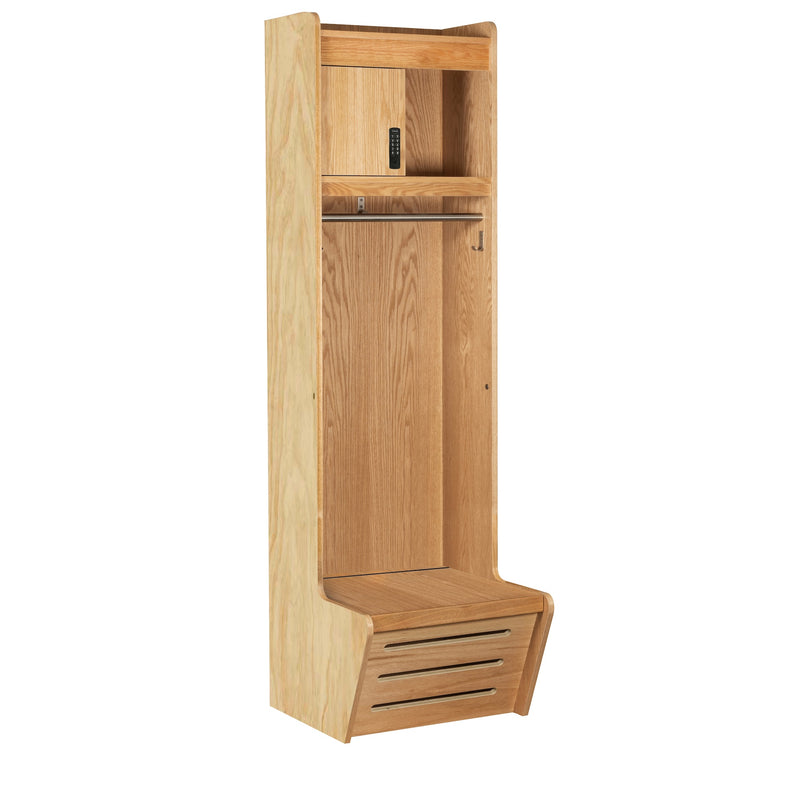 Recruiter 2 Wood Locker - Open Front, 1-Wide with Footlocker/Seat, Security Box, Stainless Steel Hooks & Coat Rod