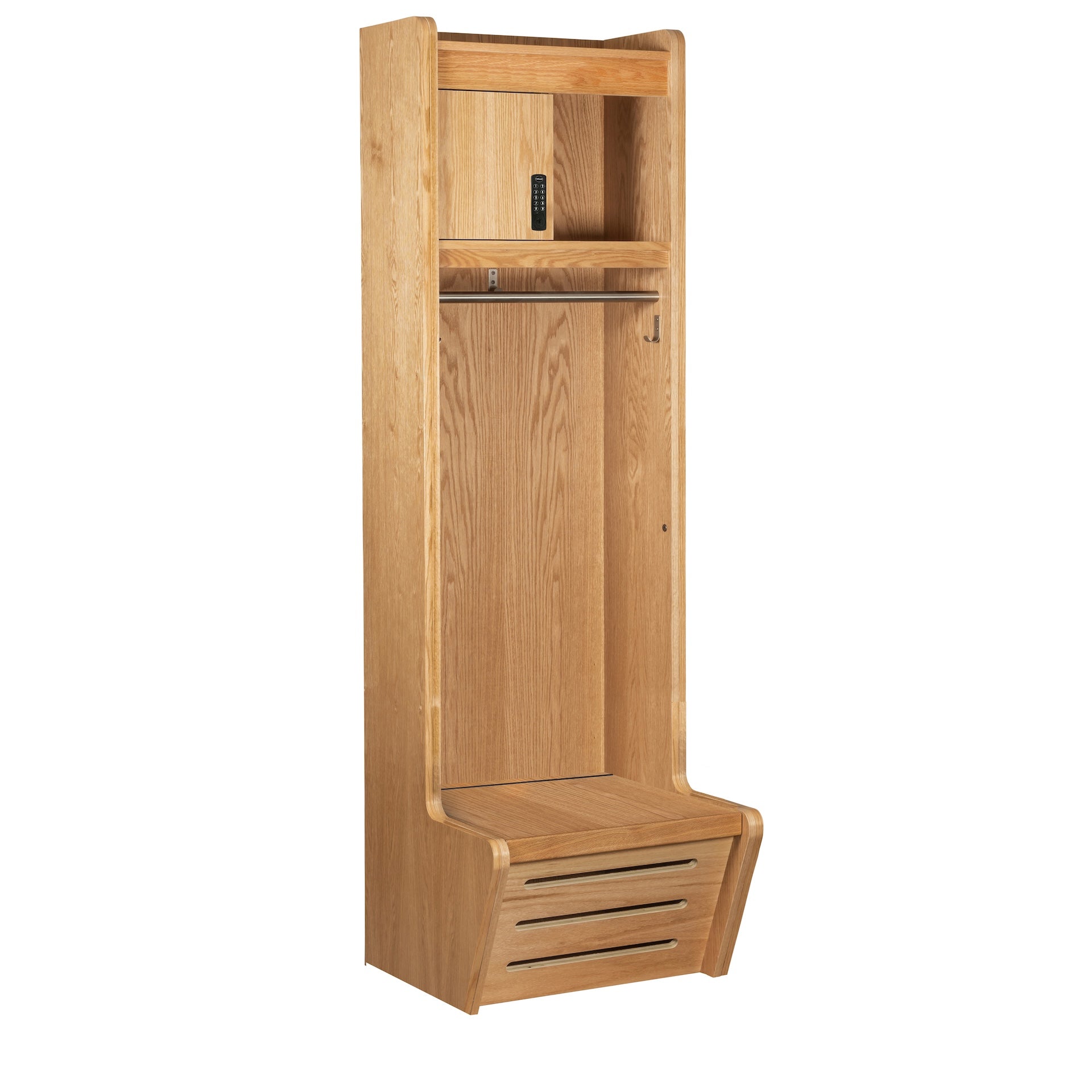 Recruiter 2 Wood Locker - Open Front, 1-Wide with Footlocker/Seat, Security Box, Stainless Steel Hooks & Coat Rod