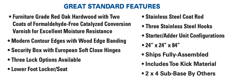 Recruiter 2 Wood Locker - Open Front, 1-Wide with Footlocker/Seat, Security Box, Stainless Steel Hooks & Coat Rod